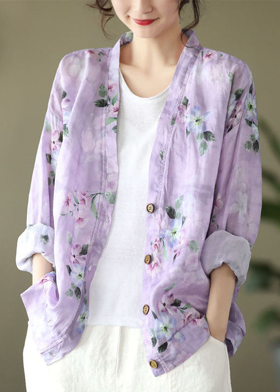 Natural Purple V Neck Print Cotton Blouses Spring