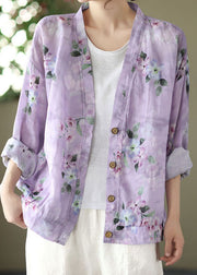 Natural Purple V Neck Print Cotton Blouses Spring