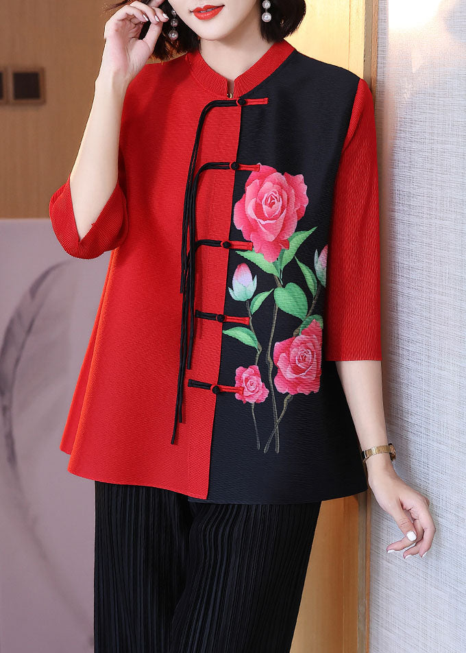 Natural Red Asymmetrical Print Button Shirt Fall