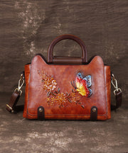 Natural Red Brown Floral Paitings Leather Satchel Handbag