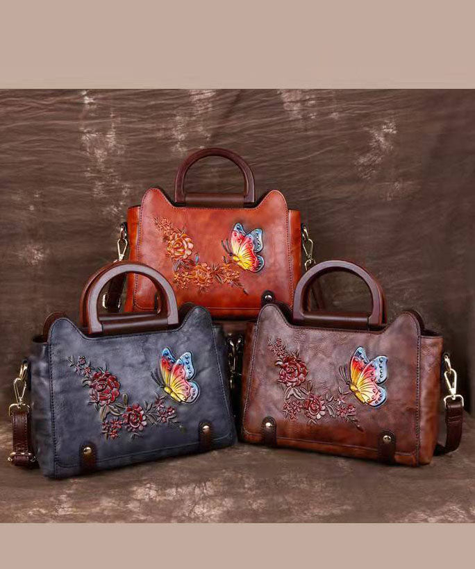 Natural Red Brown Floral Paitings Leather Satchel Handbag