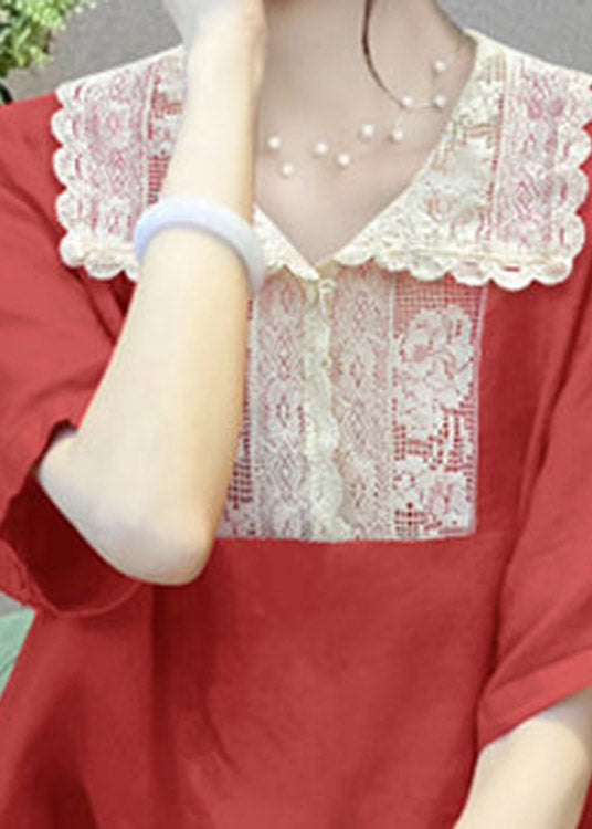 Natural Red Peter Pan Collar Lace Patchwork Linen Tops Short Sleeve