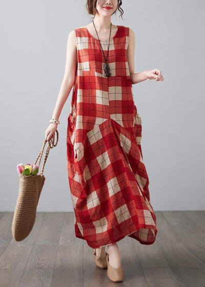 Natural Red Plaid Sleeveless Pockets Summer Dress - bagstylebliss