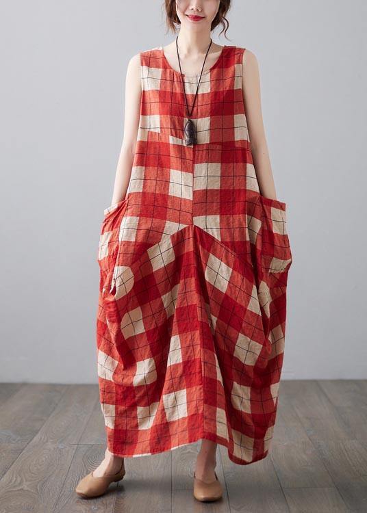 Natural Red Plaid Sleeveless Pockets Summer Dress - bagstylebliss