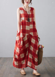 Natural Red Plaid Sleeveless Pockets Summer Dress - bagstylebliss