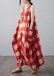 Natural Red Plaid Sleeveless Pockets Summer Dress - bagstylebliss