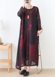 Natural Red Print Chiffon O-Neck Summer Dresses - bagstylebliss