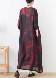 Natural Red Print Chiffon O-Neck Summer Dresses - bagstylebliss