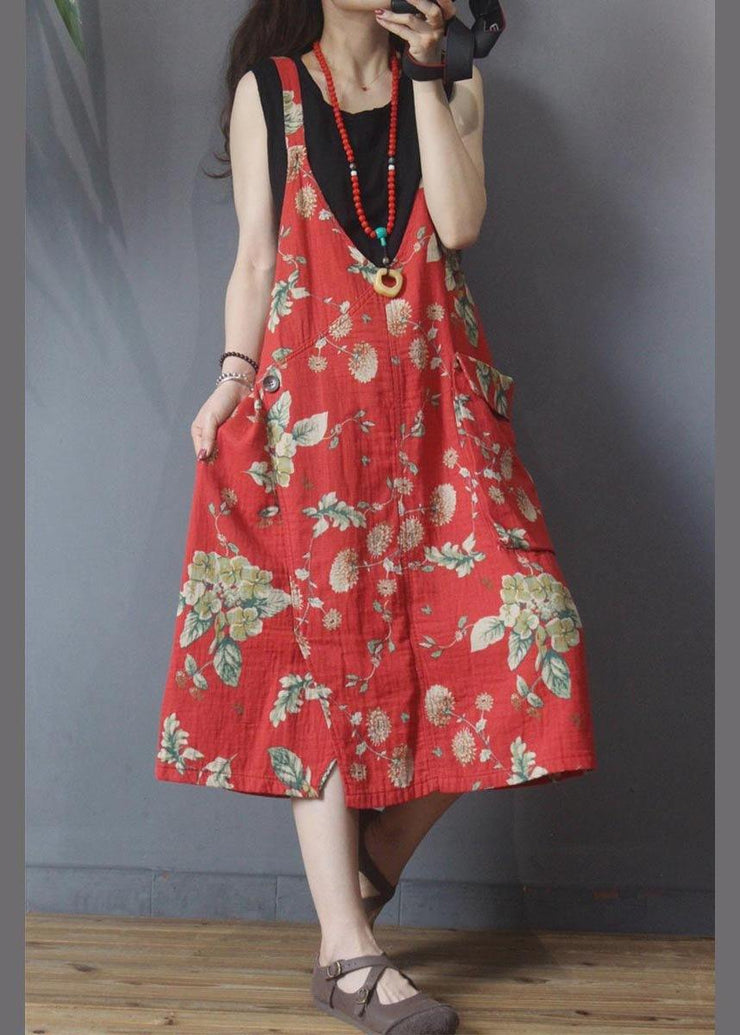 Natural Red Print Pockets carpenter Maxi Dress Summer Cotton Linen - bagstylebliss
