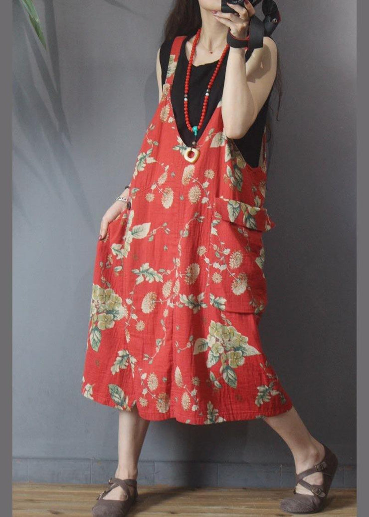 Natural Red Print Pockets carpenter Maxi Dress Summer Cotton Linen - bagstylebliss