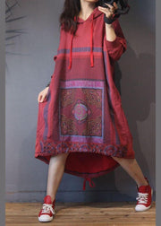 Natural Red Print low high design Dresses Summer Cotton Dress - bagstylebliss