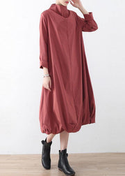 Natural Red Stand Asymmetrical Design Fall Cotton Long Dress - bagstylebliss