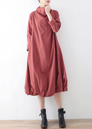 Natural Red Stand Asymmetrical Design Fall Cotton Long Dress - bagstylebliss