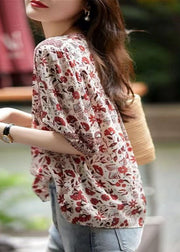 Natural Red V Neck Patchwork Print Silk Shirt Top Summer