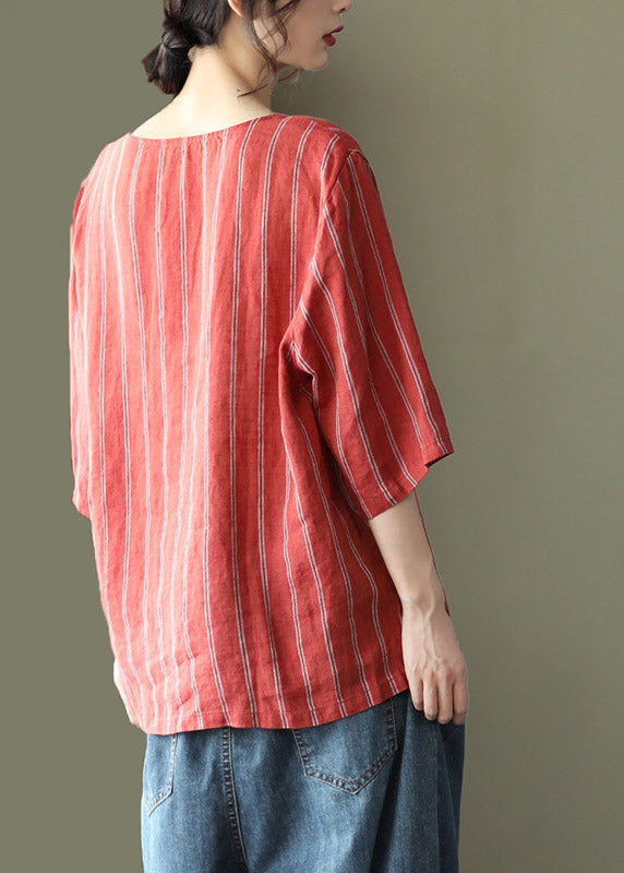 Natural Red V Neck Striped Linen Shirts Half Sleeve