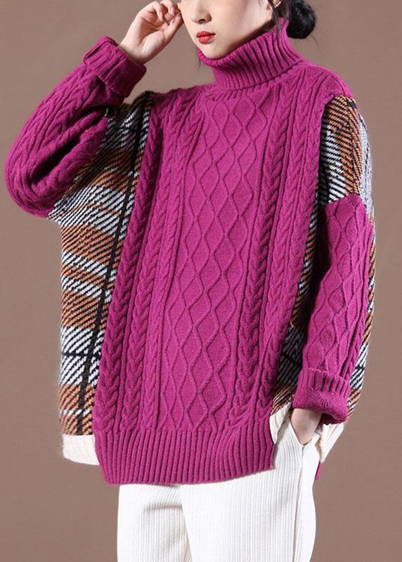 Natural Rose Patchwork High neck Casual Fall Knit Sweater - bagstylebliss