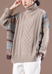 Natural Rose Patchwork High neck Casual Fall Knit Sweater - bagstylebliss