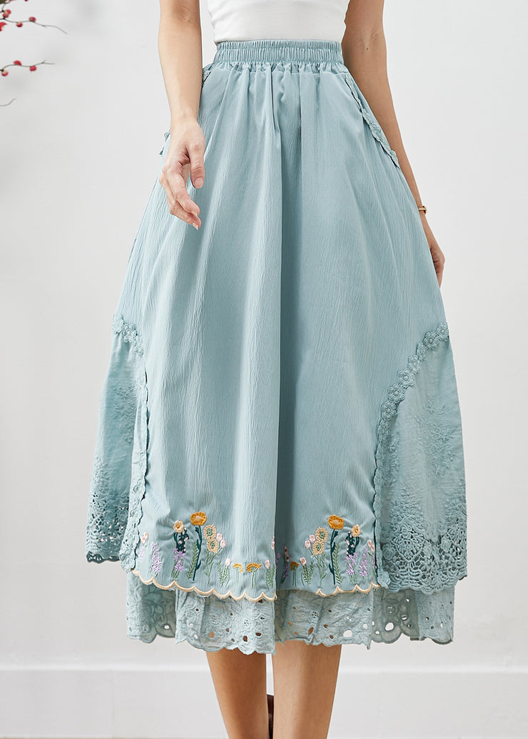 Natural Sky Blue Embroidered Patchwork Cotton Skirt Fall