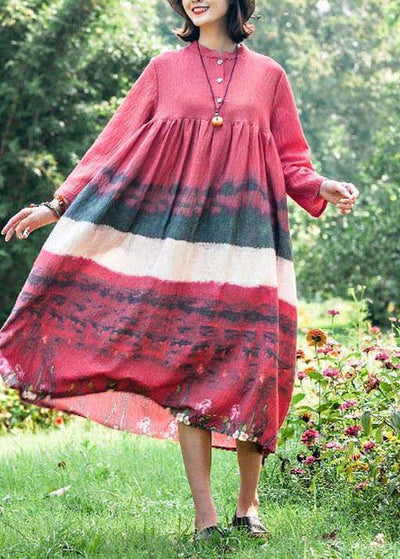 Natural Stand Collar Cinched Quilting Dresses Fashion Ideas Red Print Maxi Dress - bagstylebliss