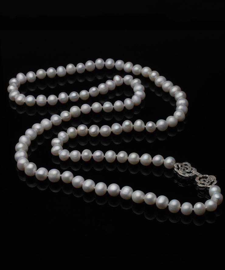 Natural Sterling Silver White Long Pearl Necklace Women Wedding