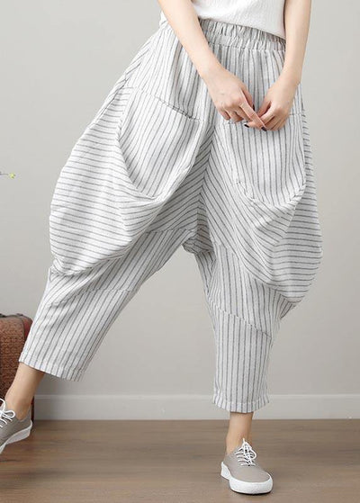 Natural Striped drop-crotch Cotton Linen  Pants Summer - bagstylebliss