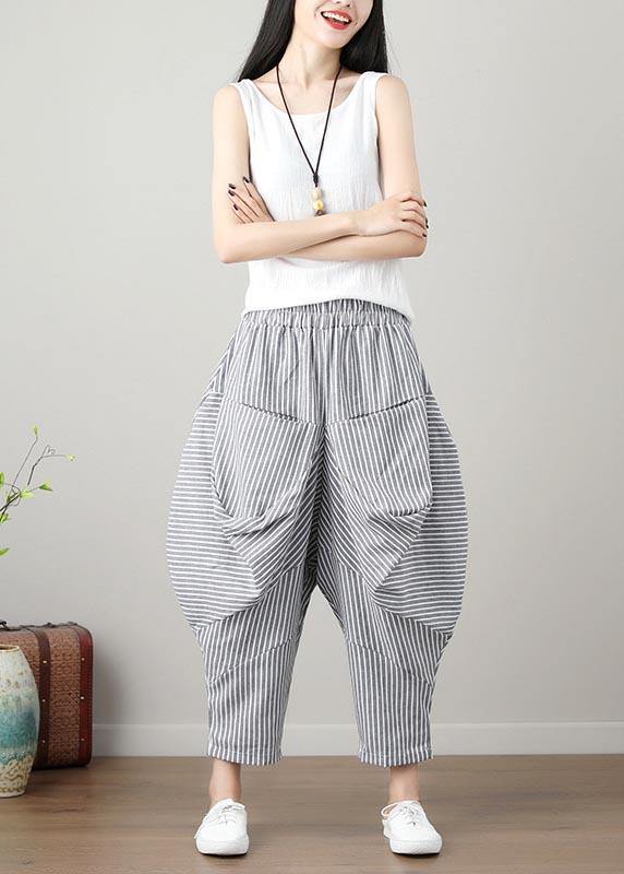 Natural Striped drop-crotch Cotton Linen  Pants Summer - bagstylebliss