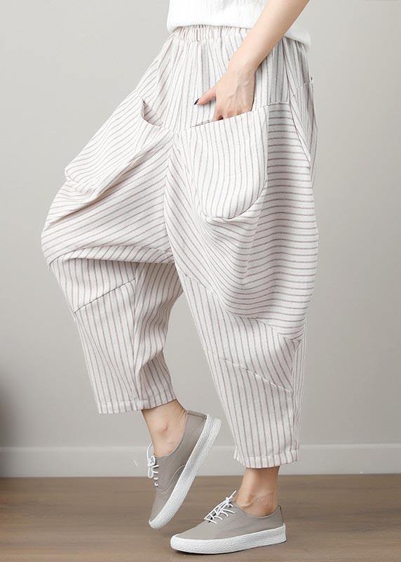 Natural Striped drop-crotch Cotton Linen  Pants Summer - bagstylebliss