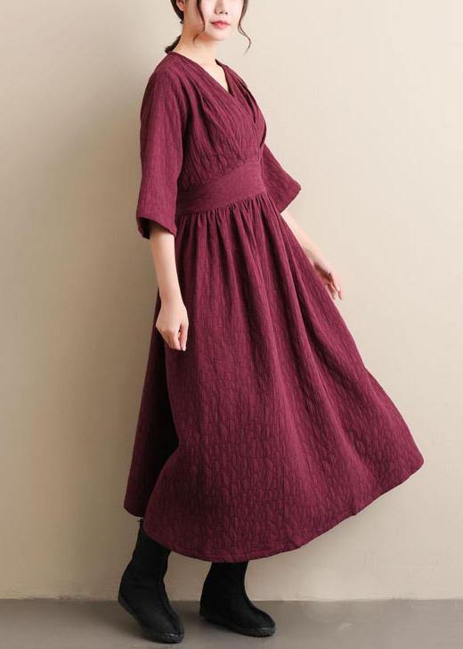 Natural V Neck Cinched Spring Quilting Clothes Pattern Burgundy Maxi Dress - bagstylebliss