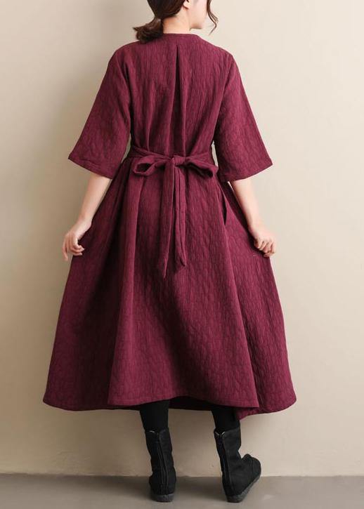 Natural V Neck Cinched Spring Quilting Clothes Pattern Burgundy Maxi Dress - bagstylebliss