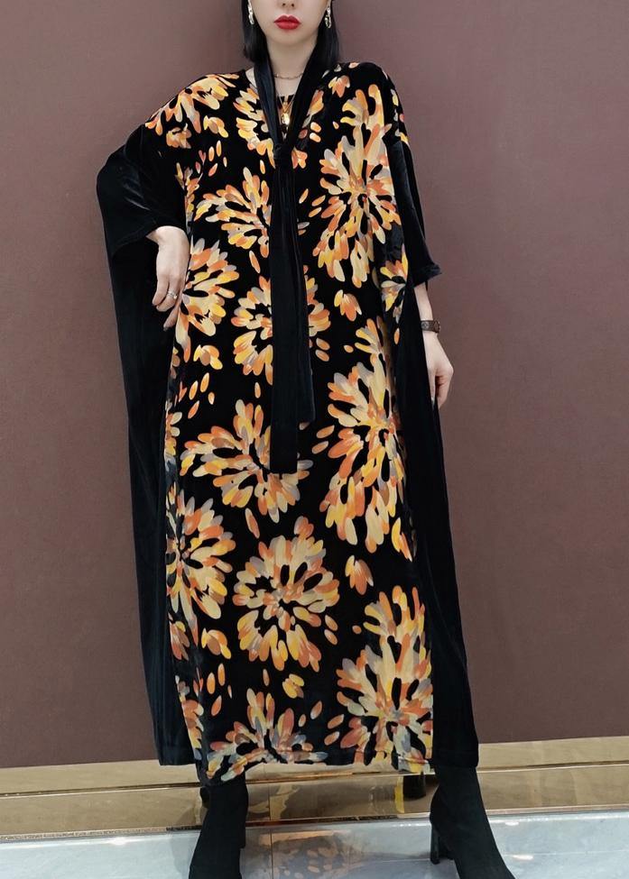 Natural V Neck Patchwork Spring Tunics For Women Fabrics Black Print Kaftan Dress - bagstylebliss