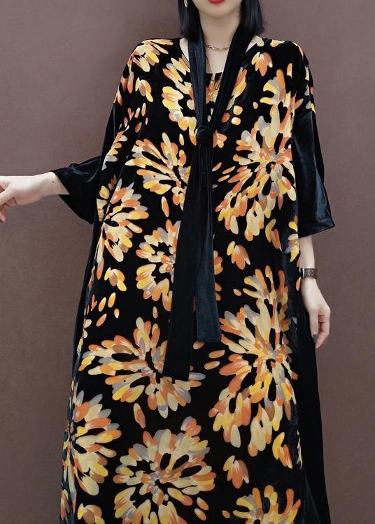 Natural V Neck Patchwork Spring Tunics For Women Fabrics Black Print Kaftan Dress - bagstylebliss
