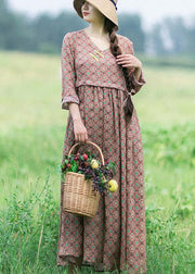 Natural V Neck Pockets Summer For Women Shirts Chocolate Print Robe Dress - bagstylebliss