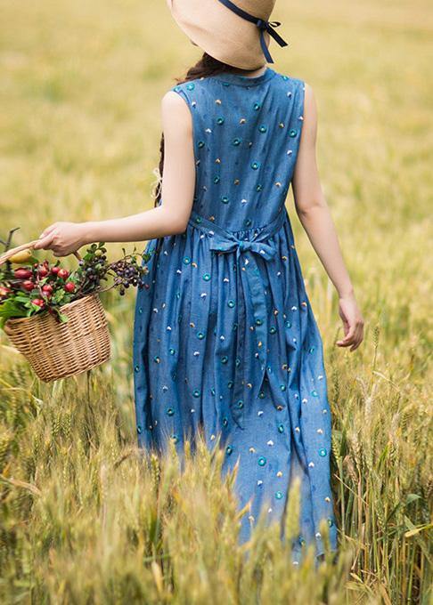 Natural V Neck Sleeveless Summer Clothes Women Fashion Ideas Blue Embroidery Maxi Dresses - bagstylebliss