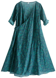 Natural V Neck Spring Quilting Clothes Blue Green Print Long Dresses - bagstylebliss