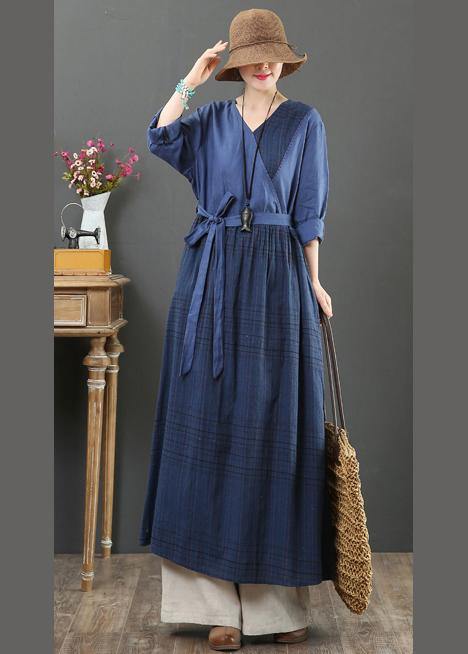 Natural V Neck Tie Waist Spring Dresses Fabrics Blue Plaid Traveling Dress - bagstylebliss