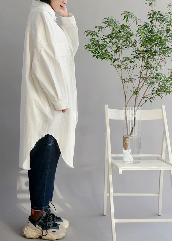 Natural White Cotton Clothes Big Pockets shift Shirt Dress - bagstylebliss