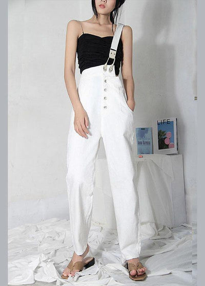 Natural White Denim High Waist asymmetrical Design Carpenter Pants - bagstylebliss