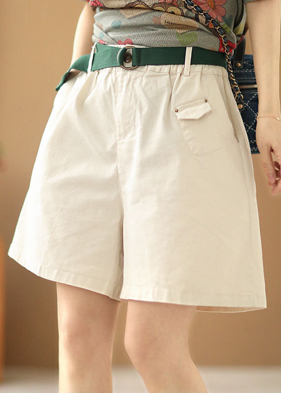 Natural White Elastic Waist Pockets Sashes Cotton Wide Leg Shorts Summer