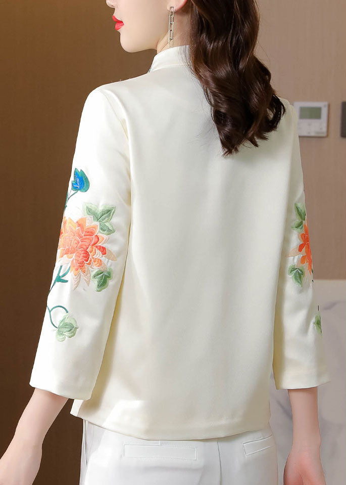 Natural White Mandarin Collar Embroideried Silk Top Bracelet Sleeve