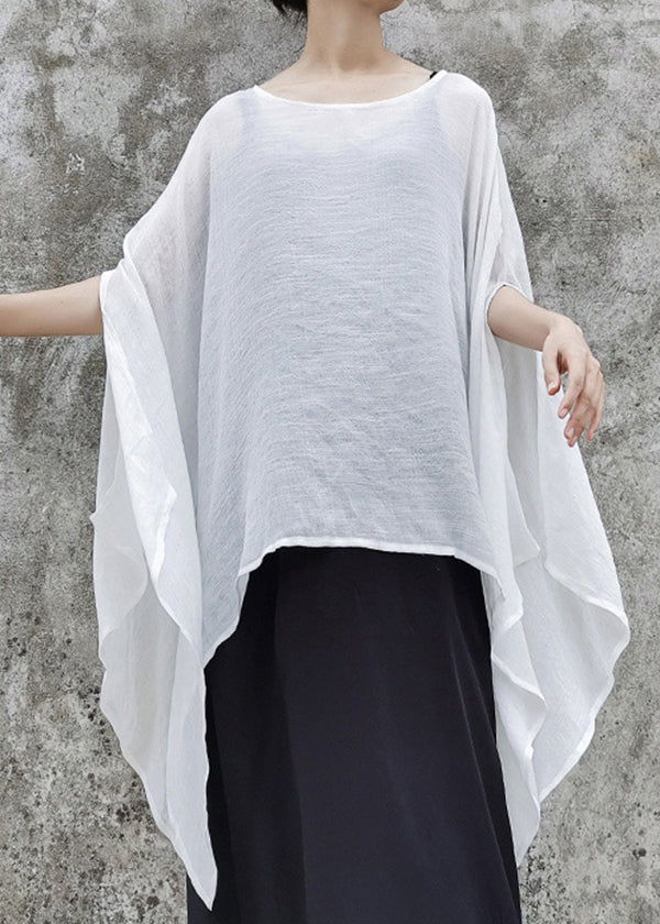 Natural White O-Neck Linen Loose Tops Short Sleeve