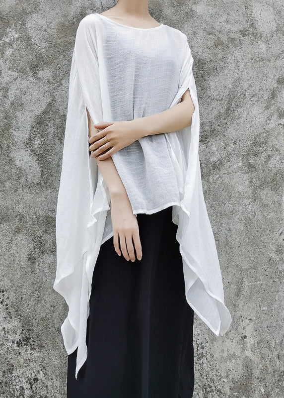 Natural White O-Neck Linen Loose Tops Short Sleeve