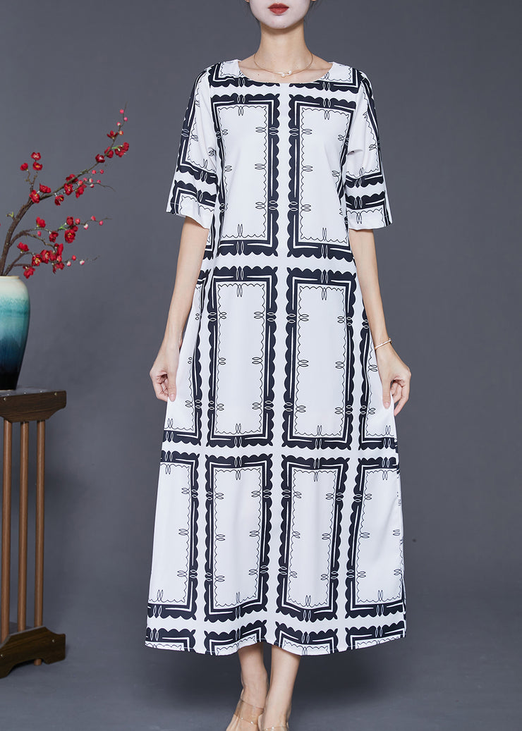 Natural White Square Collar Print Silk Maxi Dress Summer