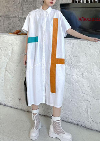 Natural White Summer Patchwork Cotton Short Sleeve Robe Dresses - bagstylebliss