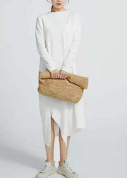 Natural White cotton Tunics Side Open  Maxi Long Sleeve  Dresses - bagstylebliss