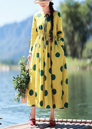Natural Yellow Dotted Tunic Dress O Neck Pockets Art Dress - bagstylebliss