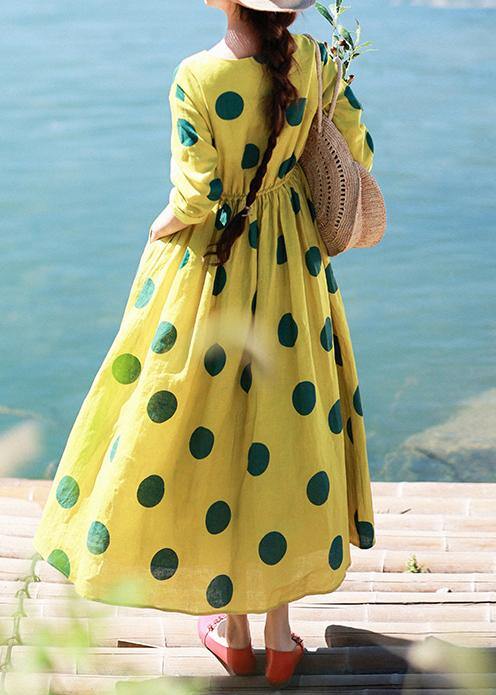 Natural Yellow Dotted Tunic Dress O Neck Pockets Art Dress - bagstylebliss