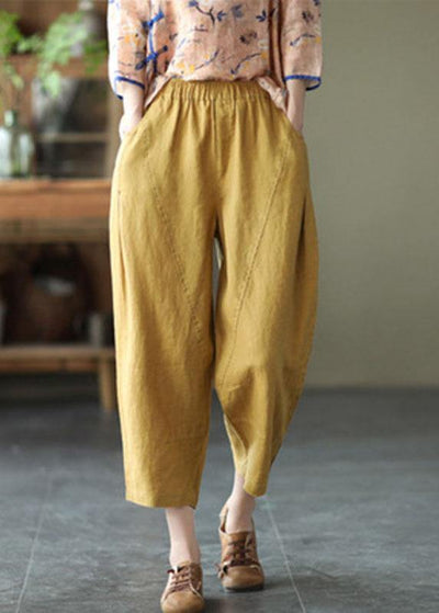 Natural Yellow Elastic Waist Summer Linen Harem Pants - bagstylebliss