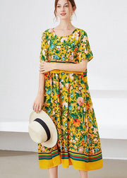 Natural Yellow Loose O-Neck Print Summer Robe Dresses Half Sleeve - bagstylebliss