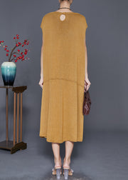 Natural Yellow Oversized Patchwork Knit Vacation Dresses Fall