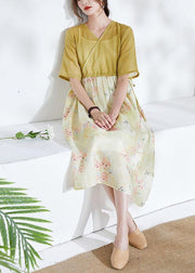 Natural Yellow Patchwork Print Summer Ramie Dresses Half Sleeve - bagstylebliss